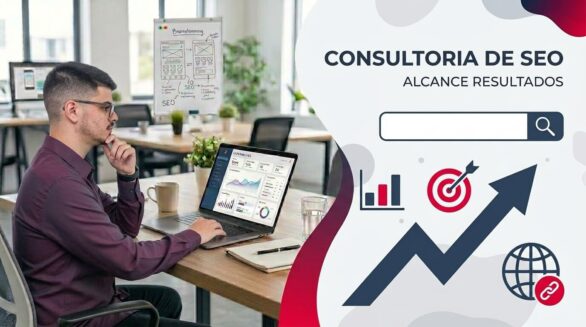 Lucas Ferraz sentado em um escritório analisando SEO em um notebook, com painel ao lado mostrando consultoria de SEO, barra de busca, gráficos, alvo, seta de crescimento e ícones de presença digital