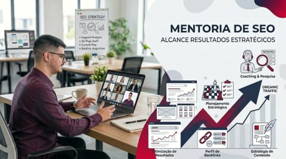 Lucas Ferraz sentado em um escritório conduzindo mentoria de SEO por videochamada, com painel ao lado mostrando estratégia de SEO, pesquisa de palavras chave, planejamento, otimização de resultados e crescimento de tráfego orgânico