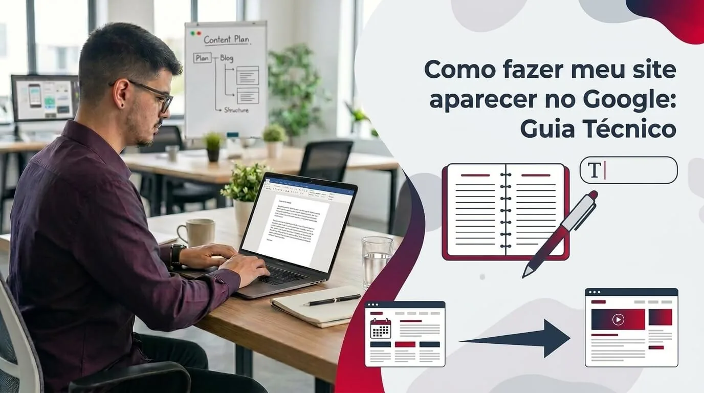Lucas Ferraz trabalhando em um notebook em um escritório, ao lado do título Como fazer meu site aparecer no Google, capa do post Como fazer meu site aparecer no Google na categoria Sites para empresas no blog da agência Lucas Ferraz SEO