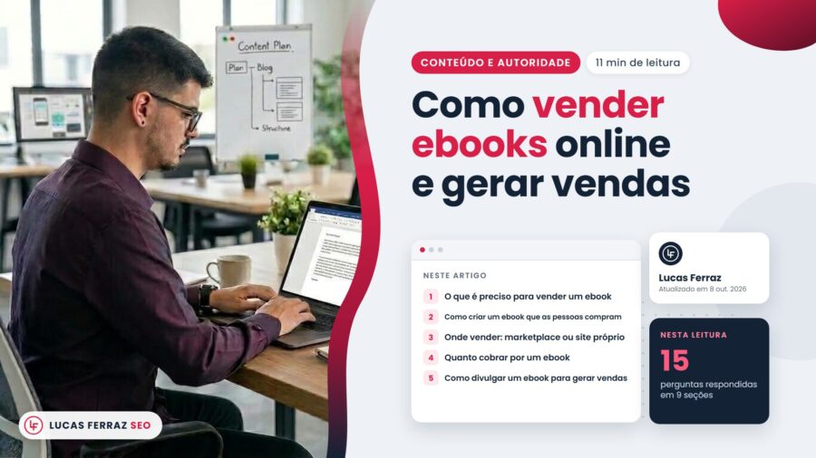 Capa do artigo Como vender ebooks online e gerar vendas, com índice sobre o que é preciso, criação, onde vender, quanto cobrar e divulgação, e Lucas Ferraz, fundador da agência Lucas Ferraz SEO, no notebook.