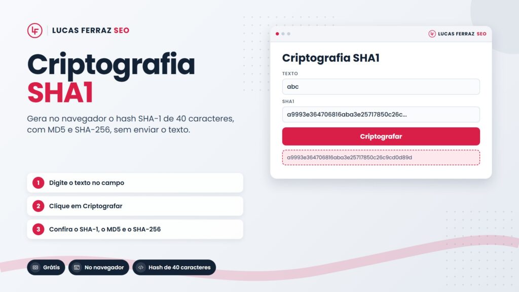 Página de ferramenta da Lucas Ferraz SEO com o título Criptografia SHA1, passos de uso, destaques grátis e no navegador, e janela da criptografia sha1 online com o texto abc e o hash SHA1 dele.