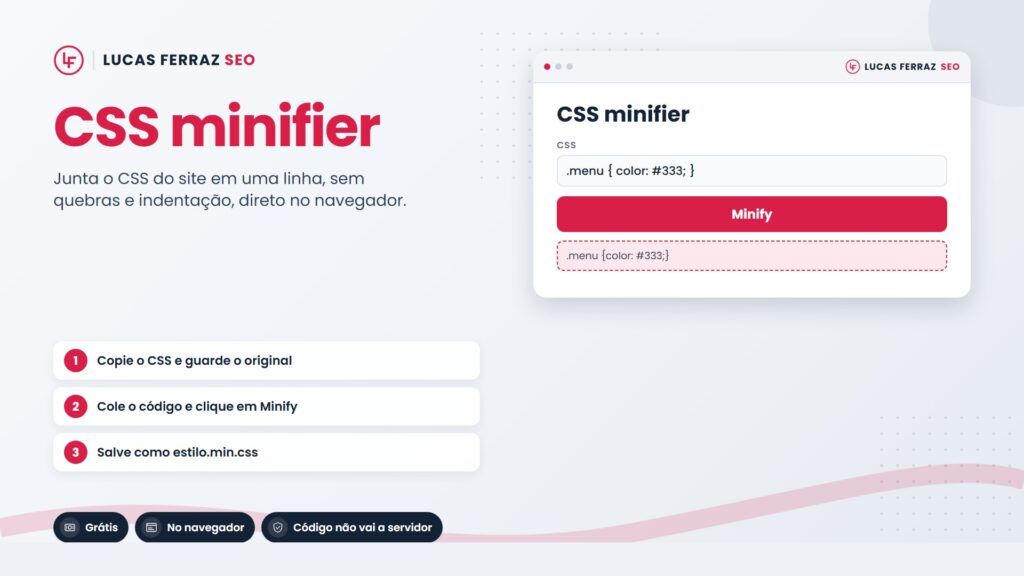 Página da ferramenta CSS minifier online da Lucas Ferraz SEO, com passos para colar o código e clicar em Minify, destaques grátis e no navegador, e janela com campo de CSS e o botão Minify.