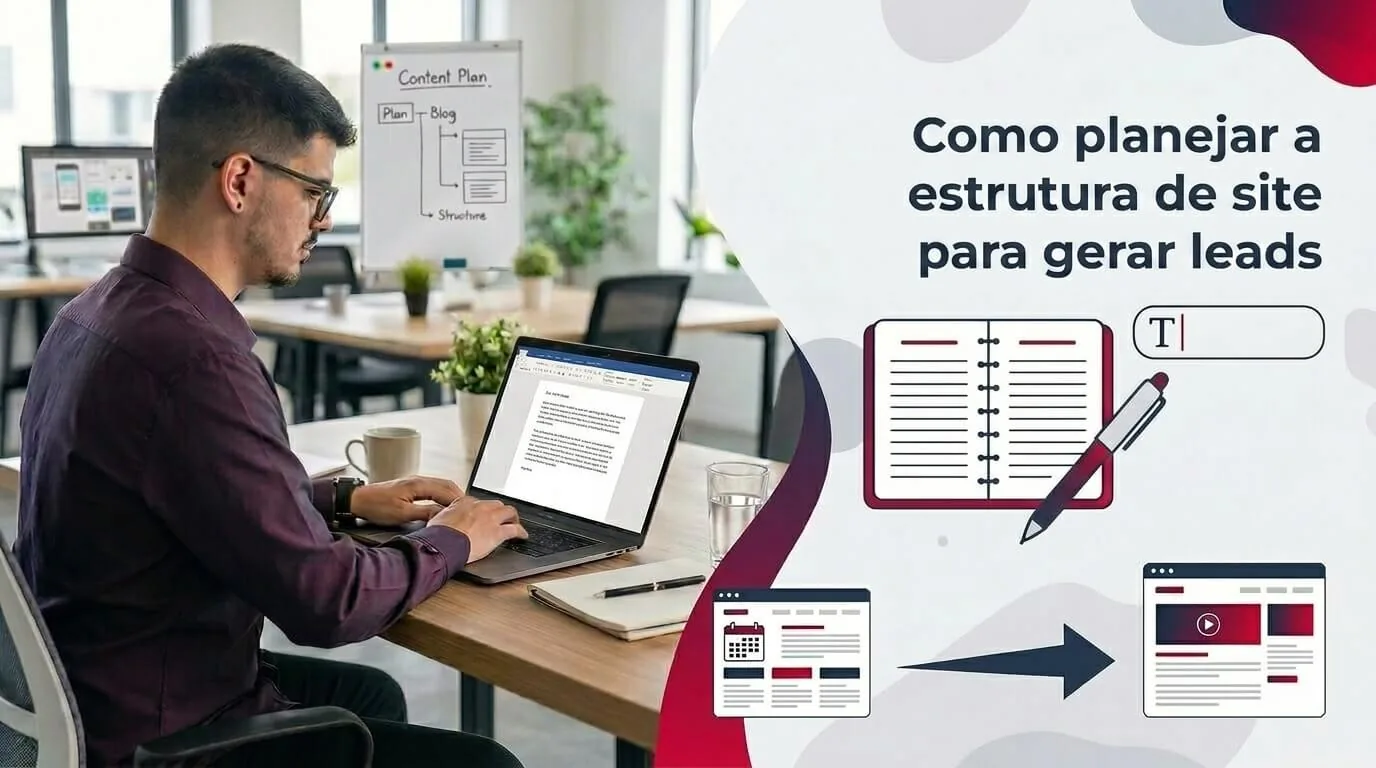 Lucas Ferraz trabalhando em um notebook em um escritório, ao lado do título Como planejar a estrutura de site para gerar leads, capa do post Como planejar a estrutura de site para gerar leads na categoria Sites para empresas no blog da agência Lucas Ferraz SEO