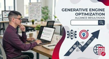 Lucas Ferraz trabalhando com GEO SEO em um notebook, ao lado de painel sobre Generative Engine Optimization com barra de busca, gráfico de crescimento e ícones de otimização para inteligência artificial