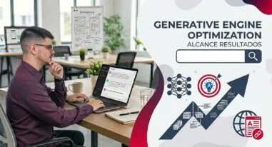 Lucas Ferraz trabalhando com GEO SEO em um notebook, ao lado de painel sobre Generative Engine Optimization com barra de busca, gráfico de crescimento e ícones de otimização para inteligência artificial