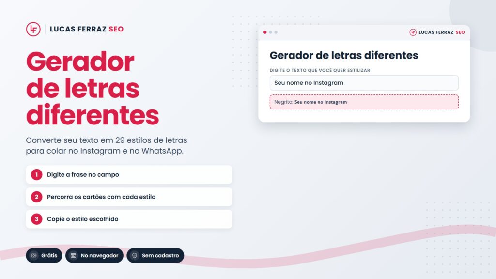 Página de ferramenta com o título Gerador de letras diferentes, que converte texto em 29 estilos; o gerador de letras diferentes para instagram é grátis, roda no navegador e não pede cadastro.