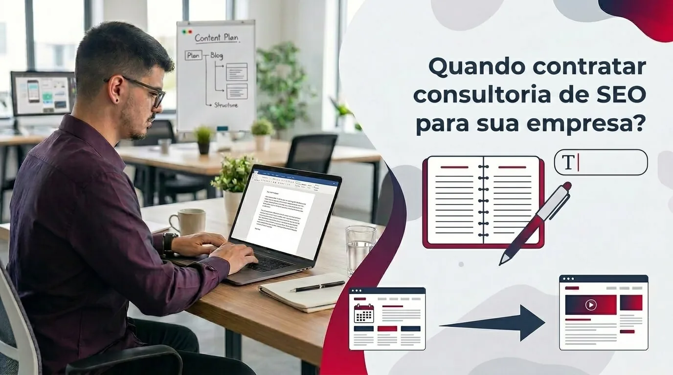 Lucas Ferraz trabalhando em um notebook em um escritório, ao lado do título Quando contratar consultoria de SEO para sua empresa, capa do post Quando contratar consultoria de SEO para sua empresa na categoria SEO estratégico no blog da agência Lucas Ferraz SEO