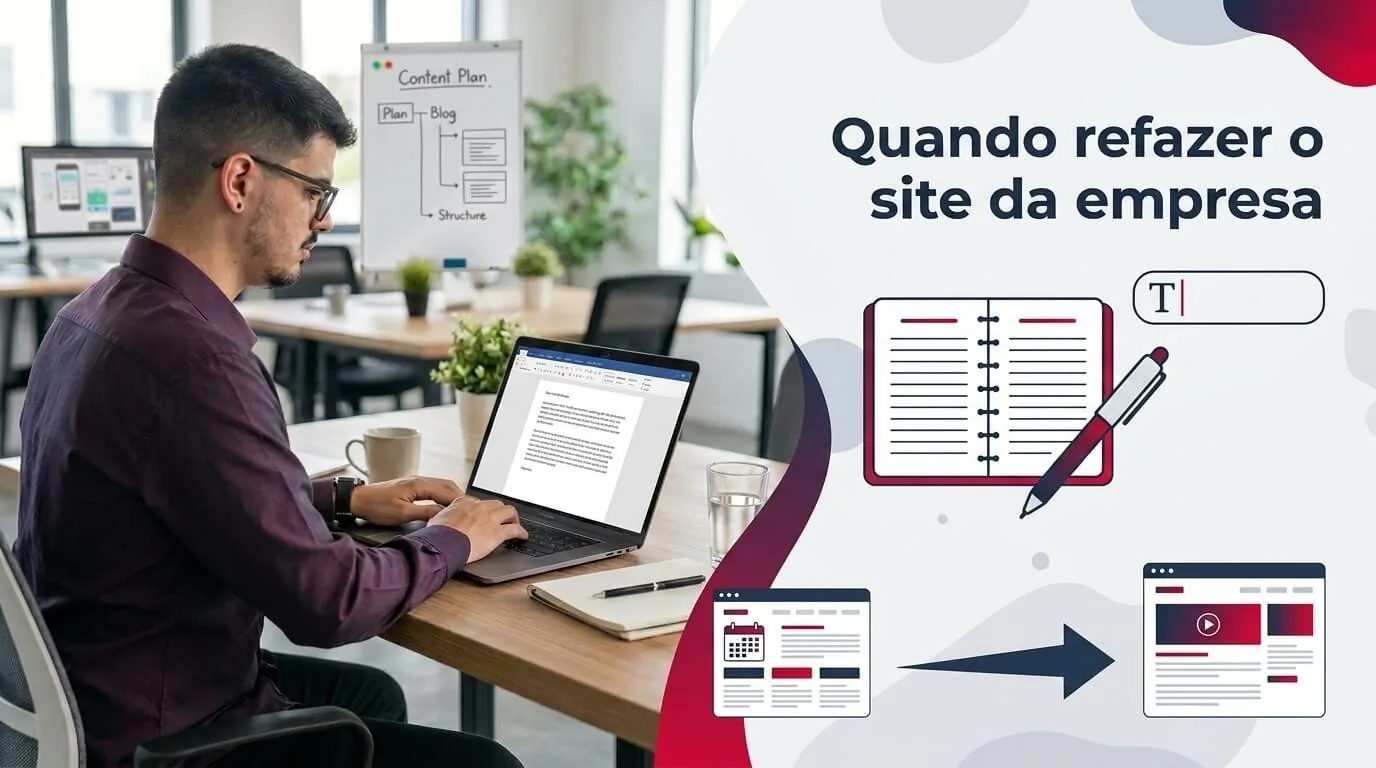 Lucas Ferraz trabalhando em um notebook em um escritório, ao lado do título Quando refazer o site da empresa, capa do post Quando refazer o site da empresa na categoria Sites para empresas no blog da agência Lucas Ferraz SEO