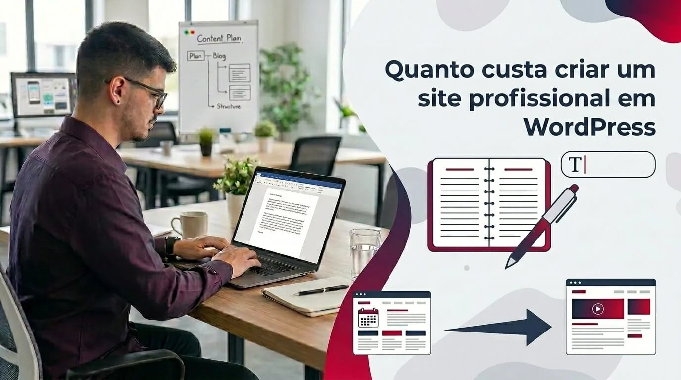 Lucas Ferraz trabalhando em um notebook em um escritório, ao lado do título Quanto custa criar um site profissional em WordPress, capa do post Quanto custa criar um site profissional em WordPress na categoria Sites para empresas no blog da agência Lucas Ferraz SEO