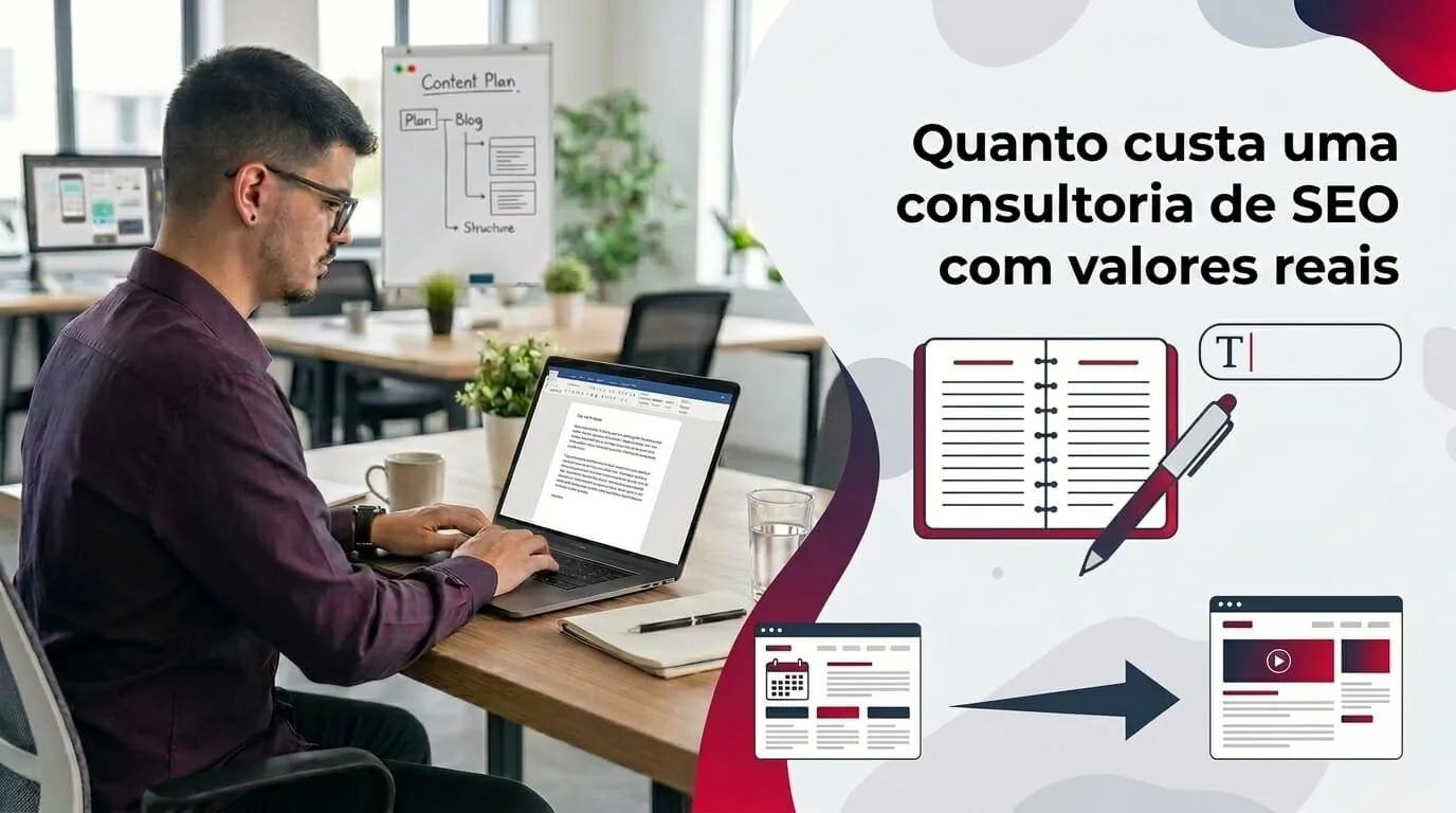 Lucas Ferraz trabalhando em um notebook em um escritório, ao lado do título Quanto custa uma consultoria de SEO para empresas, capa do post Quanto custa uma consultoria de SEO para empresas na categoria SEO estratégico no blog da agência Lucas Ferraz SEO