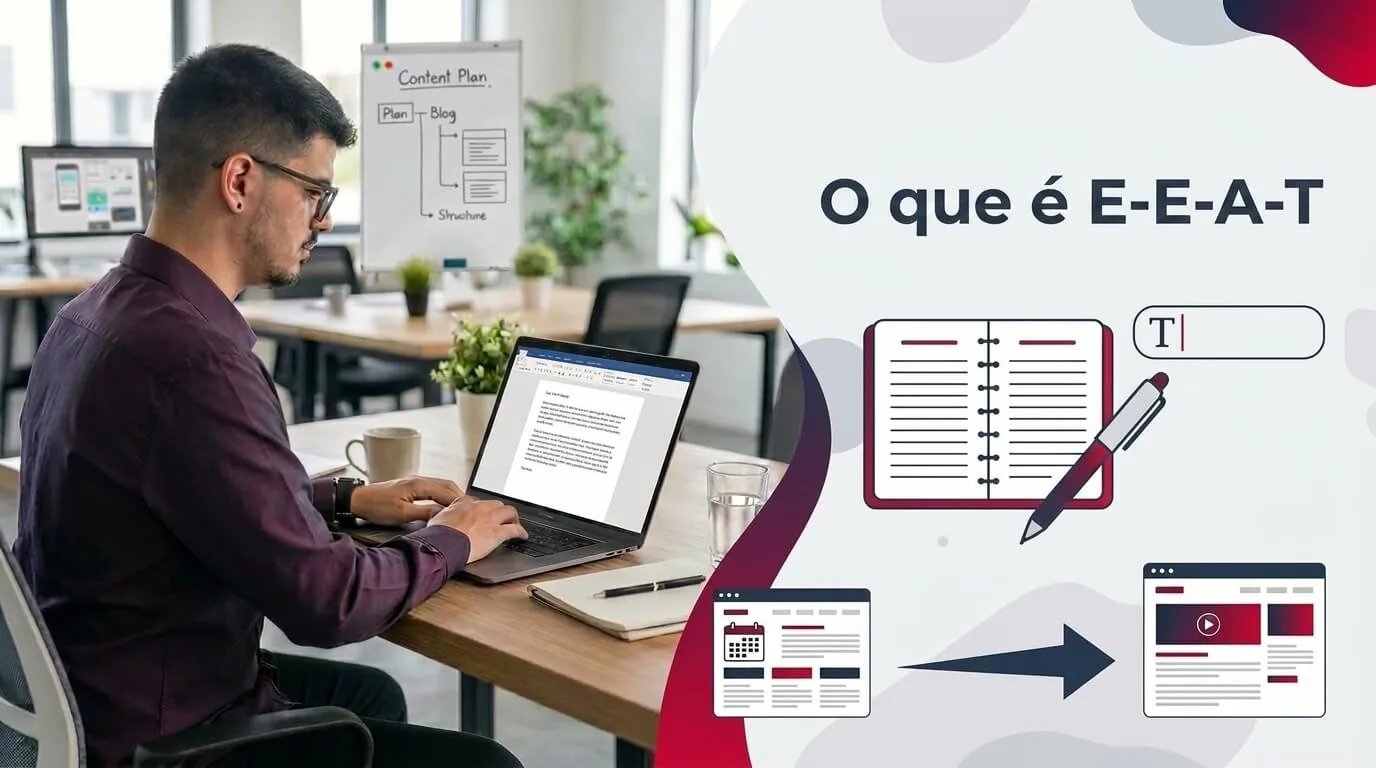 Lucas Ferraz trabalhando em um notebook em um escritório, ao lado do título O que é E-E-A-T?, capa do glossário de E-E-A-T da agência Lucas Ferraz SEO