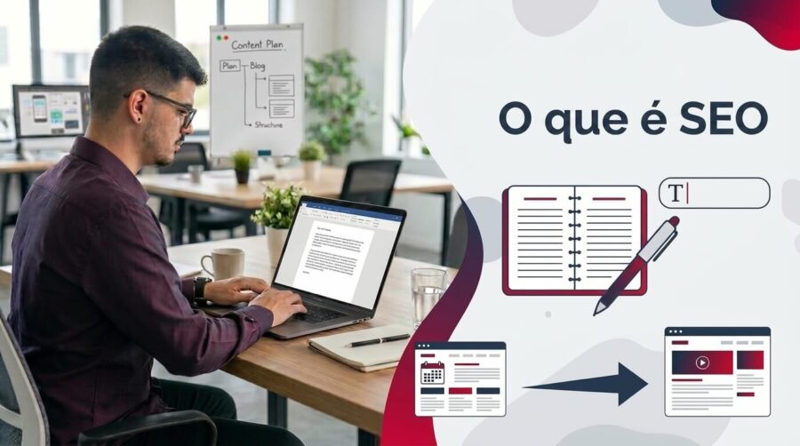 Capa do glossário que define SEO (Search Engine Optimization), com Lucas Ferraz trabalhando em um notebook no escritório da agência