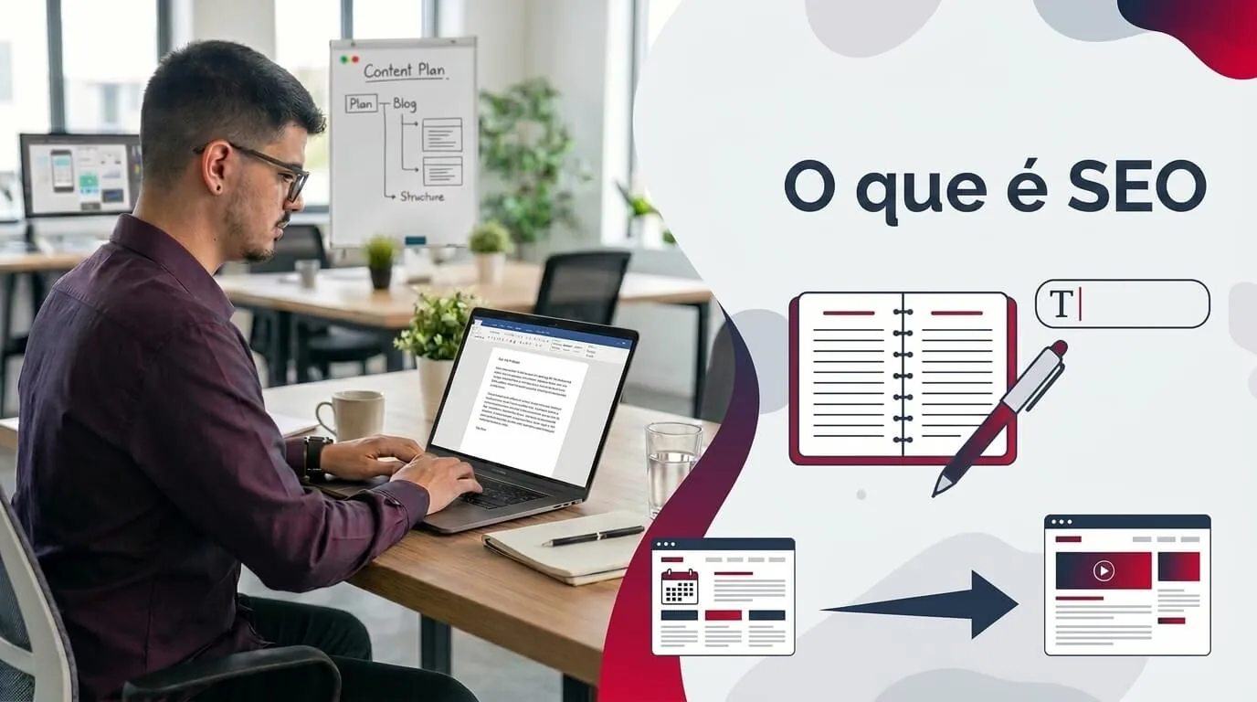 Lucas Ferraz trabalhando em um notebook em um escritório, ao lado do título O que é SEO?, capa do glossário de SEO da agência Lucas Ferraz SEO