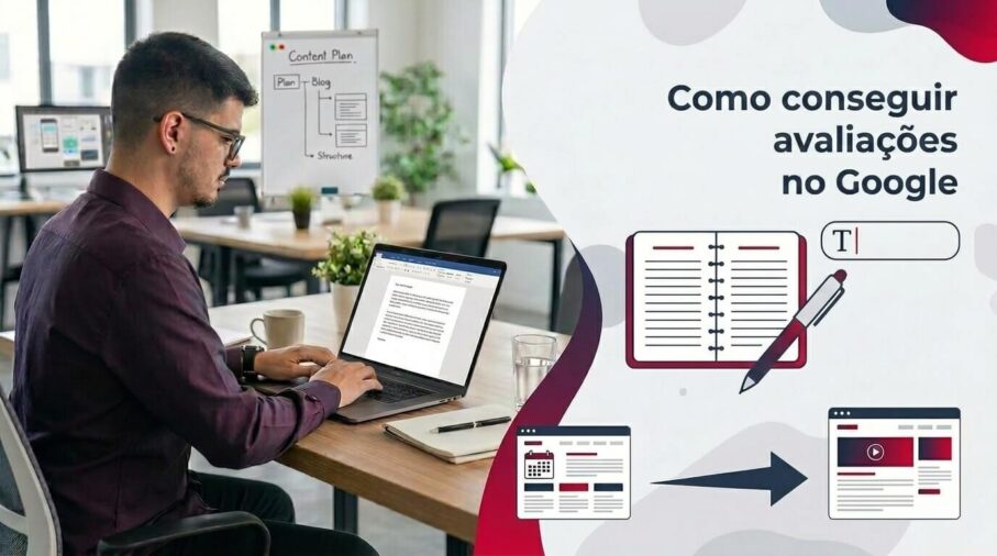 Lucas Ferraz trabalhando em um notebook em um escritório, ao lado do título Como conseguir avaliações no Google, capa do post Como conseguir avaliações no Google na categoria SEO local no blog da agência Lucas Ferraz SEO