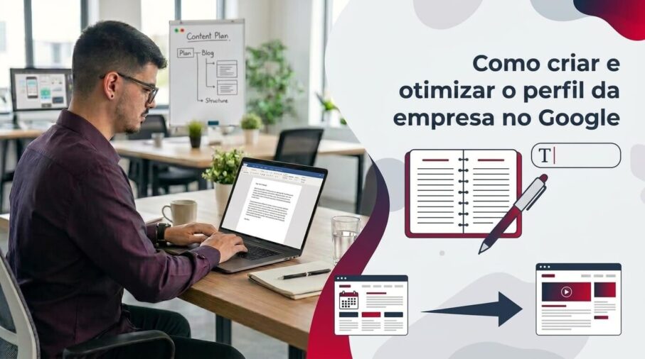 Lucas Ferraz trabalhando em um notebook em um escritório, ao lado do título Como criar e otimizar o perfil da empresa no Google, capa do post Como criar e otimizar o perfil da empresa no Google na categoria SEO local no blog da agência Lucas Ferraz SEO