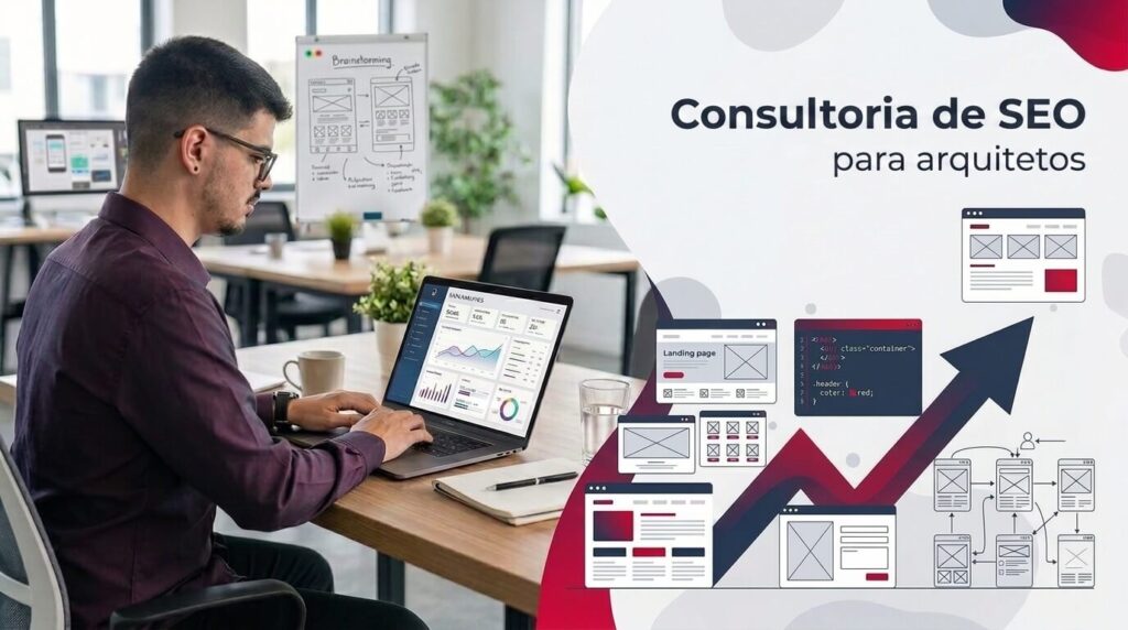Lucas Ferraz trabalhando em um notebook em um escritório, ao lado do título consultoria de SEO para arquitetos, serviço da agência Lucas Ferraz SEO