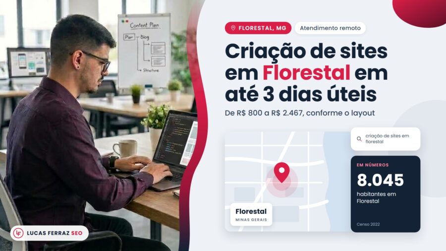 Capa da página de serviço Criação de sites em Florestal em até 3 dias úteis, com faixa de R$ 800 a R$ 2.467 e 8.045 habitantes pelo Censo 2022, e Lucas Ferraz, fundador da agência Lucas Ferraz SEO, no notebook.