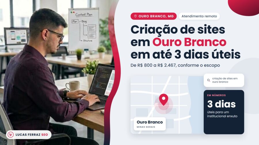 Página de serviço com o título Criação de sites em Ouro Branco em até 3 dias úteis, faixa de R$ 800 a R$ 2.467, mapa ilustrado da cidade em Minas Gerais e Lucas Ferraz, fundador da agência Lucas Ferraz SEO, no notebook.