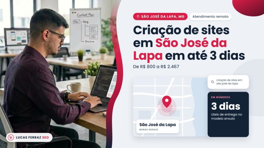 Capa da página de serviço Criação de sites em São José da Lapa em até 3 dias, com faixa de R$ 800 a R$ 2.467 e entrega em até 3 dias úteis, ao lado de Lucas Ferraz, fundador da agência Lucas Ferraz SEO, no notebook.