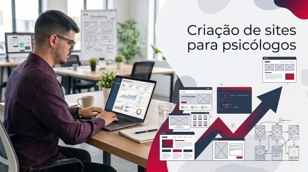 Lucas Ferraz trabalhando em um notebook em um escritório, ao lado do título criação de sites para psicólogos, serviço da agência Lucas Ferraz SEO