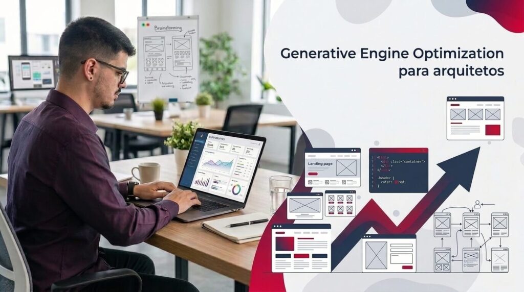 Lucas Ferraz trabalhando em um notebook em um escritório, ao lado do título generative Engine Optimization para arquitetos, serviço da agência Lucas Ferraz SEO