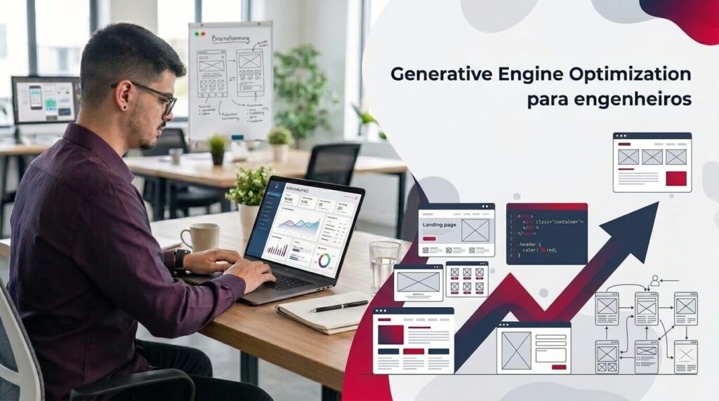 Lucas Ferraz trabalhando em um notebook em um escritório, ao lado do título generative Engine Optimization para engenheiros, serviço da agência Lucas Ferraz SEO