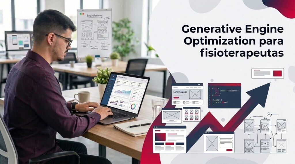 Lucas Ferraz trabalhando em um notebook em um escritório, ao lado do título generative Engine Optimization para fisioterapeutas, serviço da agência Lucas Ferraz SEO