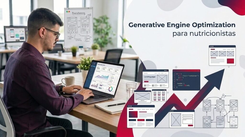 Lucas Ferraz trabalhando em um notebook em um escritório, ao lado do título generative Engine Optimization para nutricionistas, serviço da agência Lucas Ferraz SEO