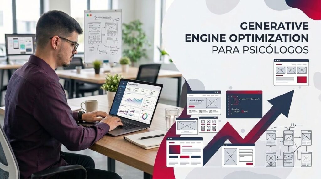Lucas Ferraz trabalhando em um notebook em um escritório, ao lado do título generative Engine Optimization para psicólogos, serviço da agência Lucas Ferraz SEO