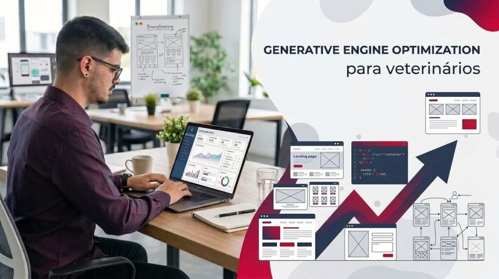 Lucas Ferraz trabalhando em um notebook em um escritório, ao lado do título generative Engine Optimization para veterinários, serviço da agência Lucas Ferraz SEO