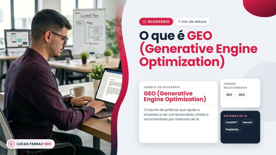 Verbete do glossário com o título GEO (Generative Engine Optimization), definido como práticas para a empresa ser citada por IAs como ChatGPT, Gemini e Perplexity, e Lucas Ferraz, fundador da agência Lucas Ferraz SEO, no notebook.