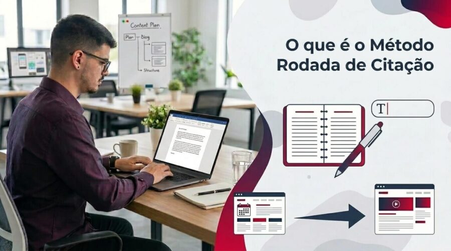 Lucas Ferraz trabalhando em um notebook em um escritório, ao lado do título O que é Método Rodada de Citação?, capa do glossário de Método Rodada de Citação da agência Lucas Ferraz SEO