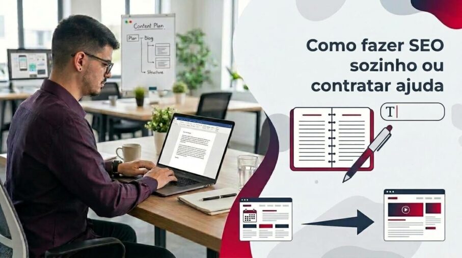 Lucas Ferraz trabalhando em um notebook em um escritório, ao lado do título Como fazer SEO sozinho ou contratar ajuda, capa do post Como fazer SEO sozinho ou contratar ajuda na categoria SEO estratégico no blog da agência Lucas Ferraz SEO
