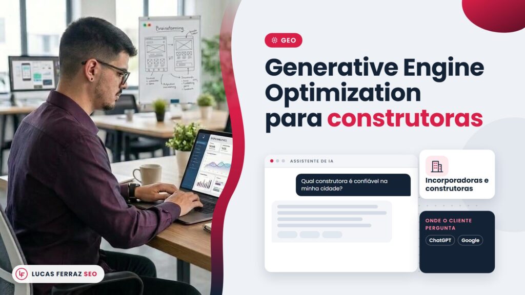 Página de serviço com o título generative engine optimization para construtoras, a pergunta à IA sobre qual construtora é confiável e o ChatGPT e o Google, com Lucas Ferraz, fundador da agência Lucas Ferraz SEO, no notebook.