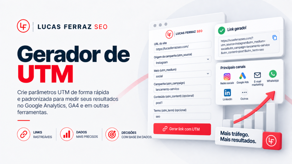 Lucas Ferraz, especialista em SEO, diante do notebook na imagem de abertura do Gerador de UTM da Lucas Ferraz SEO