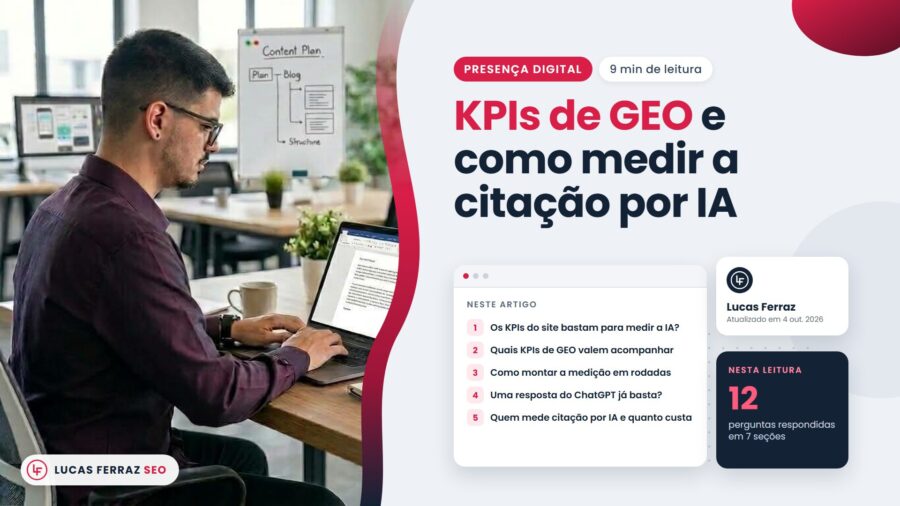Capa do artigo com o título KPIs de GEO e como medir a citação por IA, índice com cinco seções sobre medição em rodadas, e Lucas Ferraz, fundador da agência Lucas Ferraz SEO, no notebook.
