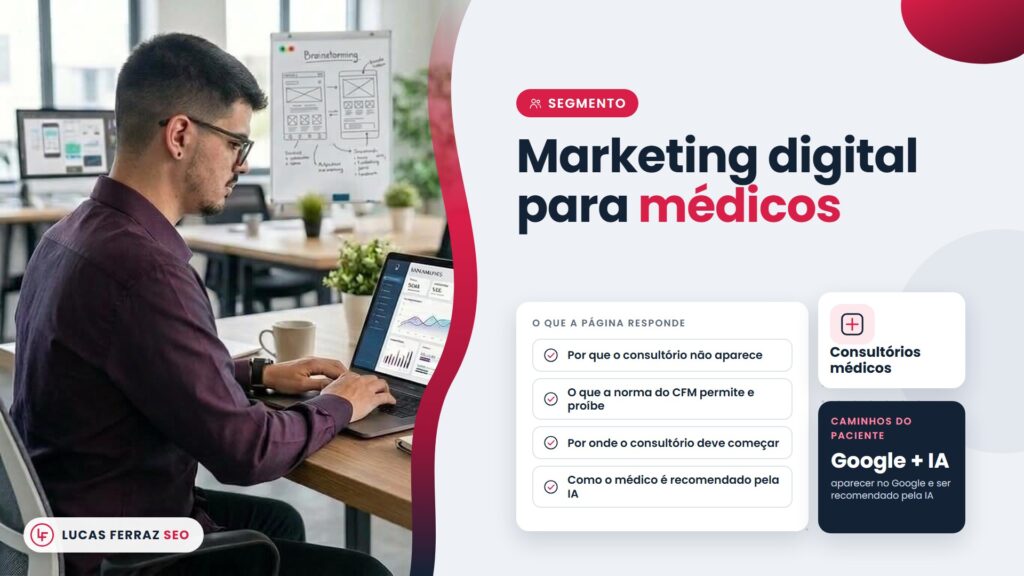 Capa da página de segmento com o título Marketing digital para médicos, as dúvidas sobre a norma do CFM e a IA e os caminhos Google + IA, com Lucas Ferraz, fundador da agência Lucas Ferraz SEO, no notebook.
