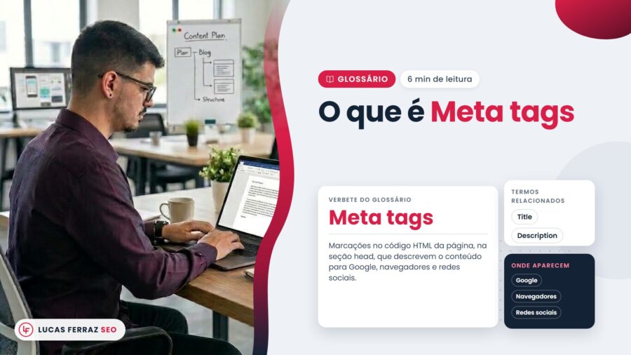 Verbete do glossário com o título O que é meta tags, definidas como marcações no código HTML que descrevem a página para Google, navegadores e redes sociais, com Lucas Ferraz, fundador da agência Lucas Ferraz SEO, no notebook.