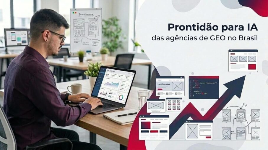 Lucas Ferraz trabalhando em um notebook em um escritório, ao lado do título Prontidão para IA das agências de GEO no Brasil, capa do post Prontidão para IA das agências de GEO no Brasil na categoria Benchmark no blog da agência Lucas Ferraz SEO