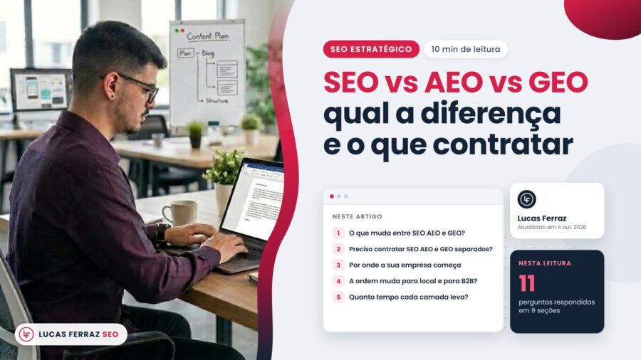 Capa do artigo SEO vs AEO vs GEO qual a diferença e o que contratar, com índice sobre o que muda entre as siglas, contratação separada e por onde começar, e Lucas Ferraz, fundador da agência Lucas Ferraz SEO, no notebook.