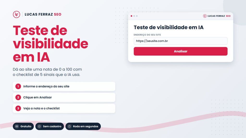 Página da ferramenta Teste de visibilidade em IA da Lucas Ferraz SEO, que dá nota de 0 a 100, com passos de uso, destaques gratuito e sem cadastro e janela com o campo endereço do site e botão Analisar.