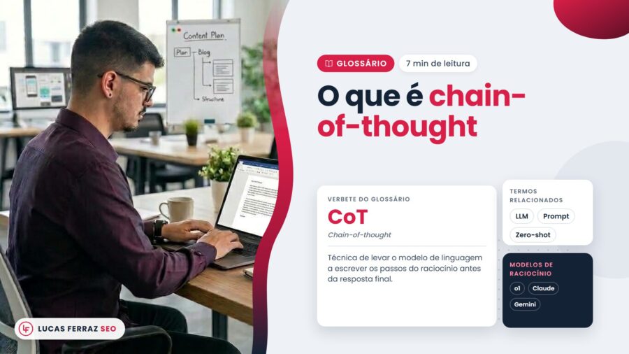 Verbete do glossário com o título O que é chain-of-thought, a definição como técnica de fazer o modelo de linguagem escrever os passos do raciocínio e termos como LLM e prompt, com Lucas Ferraz, fundador da agência Lucas Ferraz SEO, no notebook.