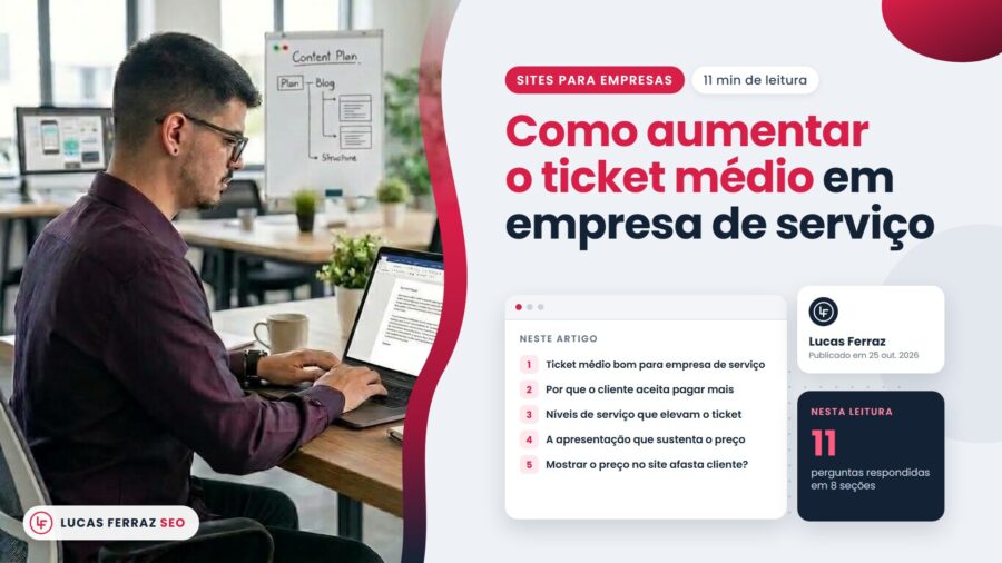 Capa do artigo Como aumentar o ticket médio em empresa de serviço, com índice sobre ticket bom, níveis de serviço e preço no site, e Lucas Ferraz, fundador da agência Lucas Ferraz SEO, no notebook.