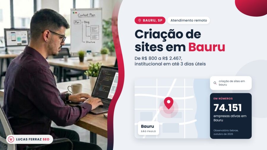 Capa da página de região atendida com o título Criação de sites em Bauru, faixa de R$ 800 a R$ 2.467, mapa ilustrado e 74.151 empresas ativas na cidade, com Lucas Ferraz, fundador da agência Lucas Ferraz SEO, no notebook.