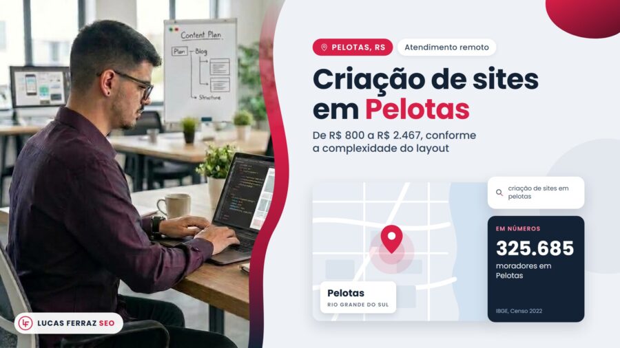 Página de serviço com o título Criação de sites em Pelotas, preço de R$ 800 a R$ 2.467, mapa ilustrado, 325.685 moradores pelo Censo 2022 do IBGE e Lucas Ferraz, fundador da agência Lucas Ferraz SEO, no notebook.