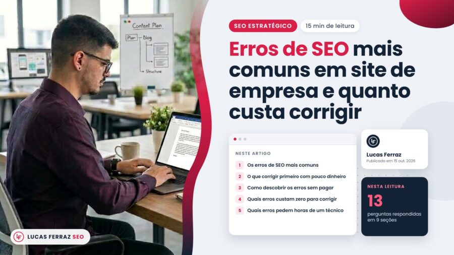 Capa do artigo sobre erros de SEO mais comuns em site de empresa e quanto custa corrigir, com índice que vai dos erros comuns aos que custam zero, e Lucas Ferraz, fundador da agência Lucas Ferraz SEO, no notebook.