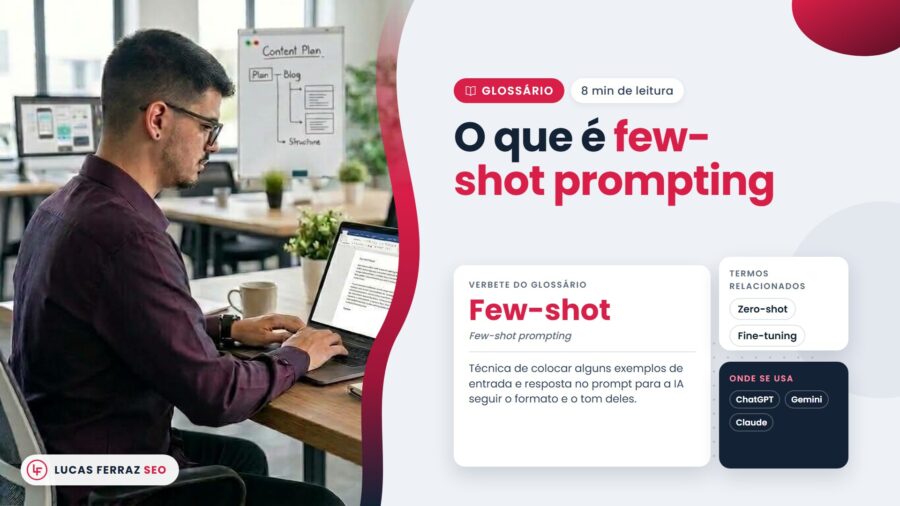 Verbete do glossário que define few shot prompting como exemplos de entrada e resposta no prompt para a IA seguir formato e tom, com Lucas Ferraz, fundador da agência Lucas Ferraz SEO, no notebook.