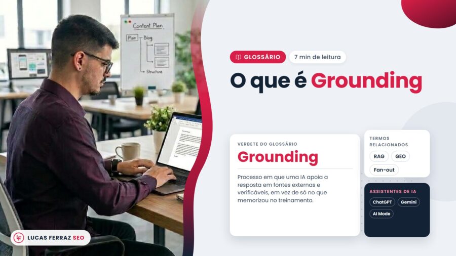 Verbete do glossário com o título O que é Grounding, explicando o grounding IA como o apoio da resposta em fontes externas e verificáveis, com Lucas Ferraz, fundador da agência Lucas Ferraz SEO, no notebook.
