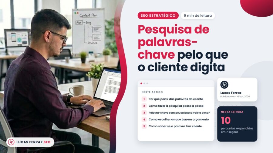 Capa do artigo Pesquisa de palavras-chave pelo que o cliente digita, com índice de cinco seções e 10 perguntas respondidas, e Lucas Ferraz, fundador da agência Lucas Ferraz SEO, no notebook.
