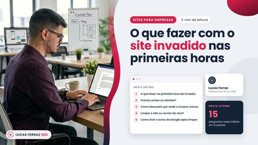 Capa do artigo O que fazer com o site invadido nas primeiras horas, com índice sobre a primeira hora, aviso aos clientes, porta de entrada do invasor e limpeza, e Lucas Ferraz, fundador da agência Lucas Ferraz SEO, no notebook.